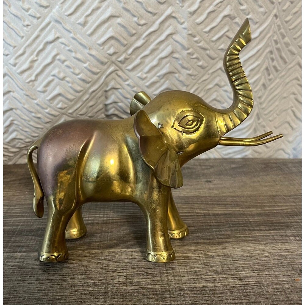 Vintage Solid Brass Elephant Figurine Trunk Up Good Luck Decor Made in India
